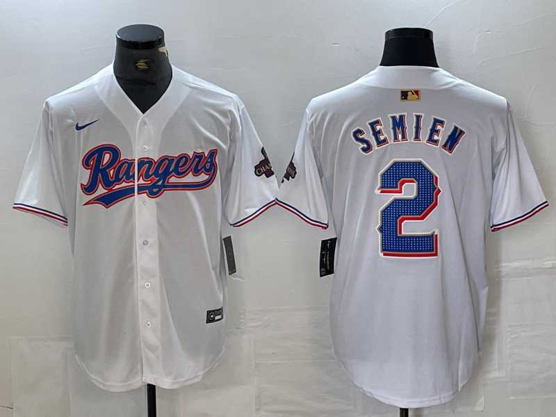 Men%27s Texas Rangers #2 Marcus Semien White 2023 World Series Champions Cool Base Jersey